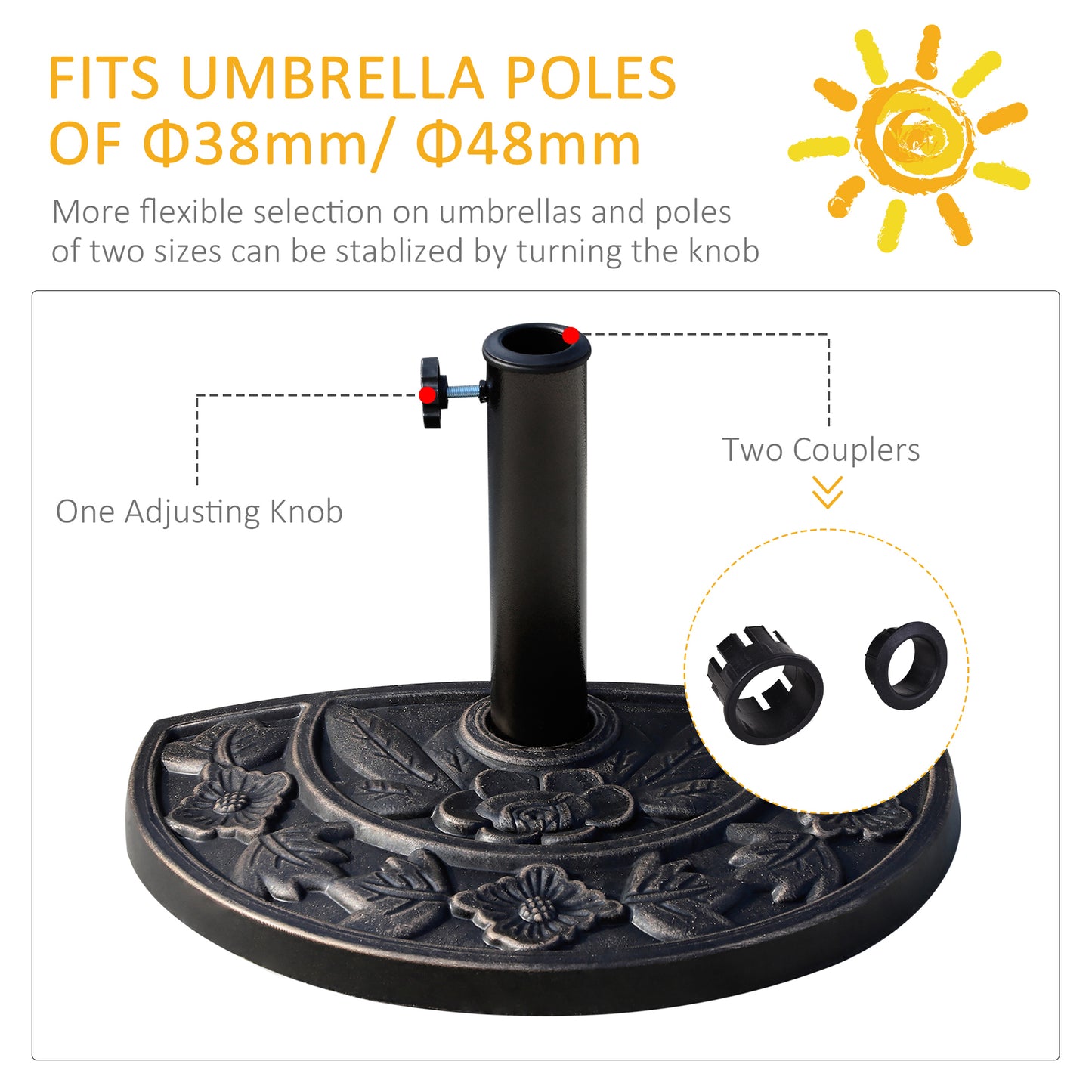 Outsunny 20lbs Half Round Patio Umbrella Base Outdoor Decorative Resin Parasol Stand Holder for Φ1.5", Φ1.9" Pole, for Lawn, Deck, Backyard, Garden, Bronze