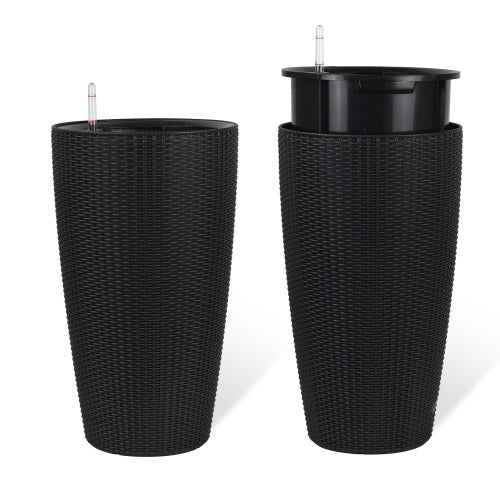 22 in. Black Outdoor Plastic with Water Level Monitor Inner Bucket Automatic Watering Round Planter (2-Pack)