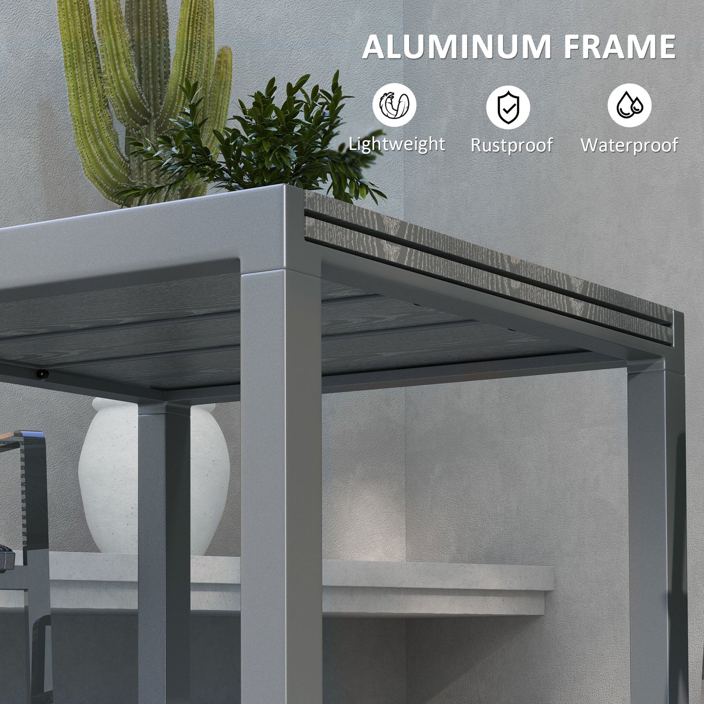 Outsunny Extendable Outdoor Dining Table, 41"- 83" Aluminum Frame Patio Table with Wood Effect Steel Top, Rectangle Expandable Patio Table for 6-8, Dark Gray