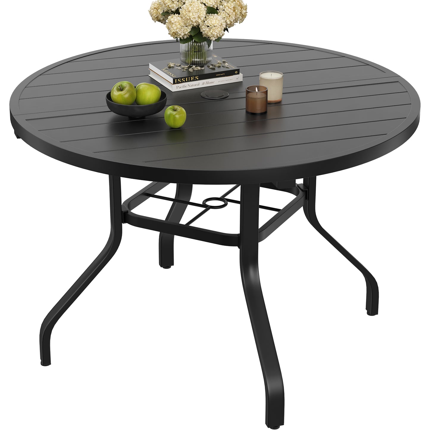 Round Outdoor Dining Table, 41" Round Patio Table Wood-Like Grain with 1.57" Umbrella Hole, Metal Outdoor Dining Tables for Backyard and Poolside