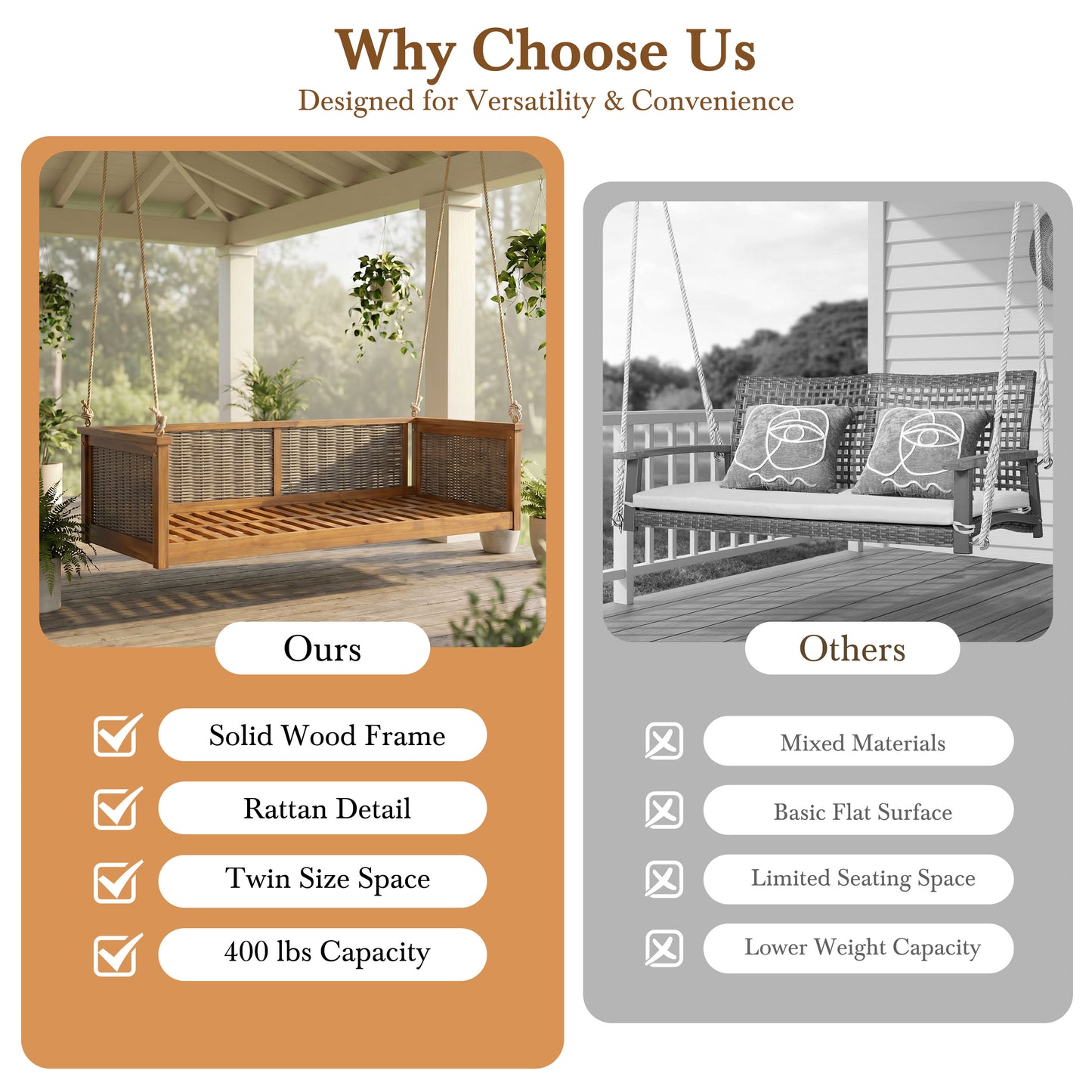 TOPMAX Outdoor Classic Solid Wood Twin Size Swing Bed,Garden Porch Rattan Swing Frame with Long Ropes for Poolside, Backyard,TEAK