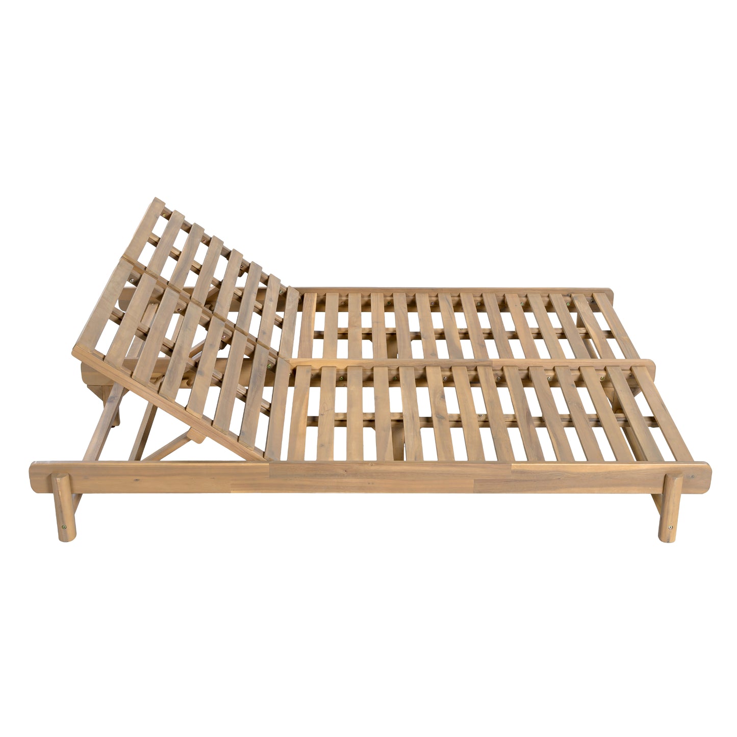 Light Teak Acacia Wood Double Chaise Lounger Set: 1 Frame + 2 Cream Cushions, 800 lbs Capacity, 3-Position Adjustable Backrest, 4" Thick 3-Fold Water-Resistant Cushions for Patio Poolside Backyard