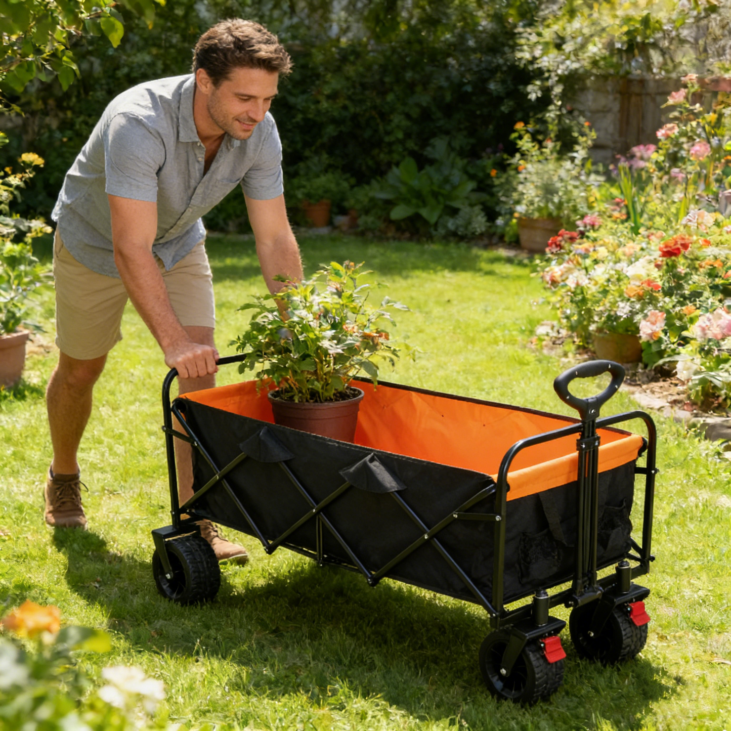 Big large capacity Folding cart Extra Long Extender Wagon Cart Folding Wagon Garden Shopping Beach Cart (black + orange)