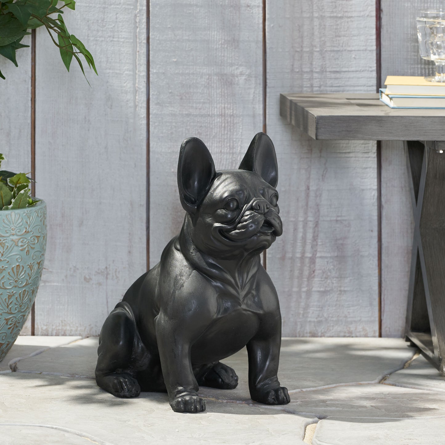 DOG GARDEN SCULPTURE, Outdoor French Bulldog Garden Statue, Matte Black, No Assembly Required