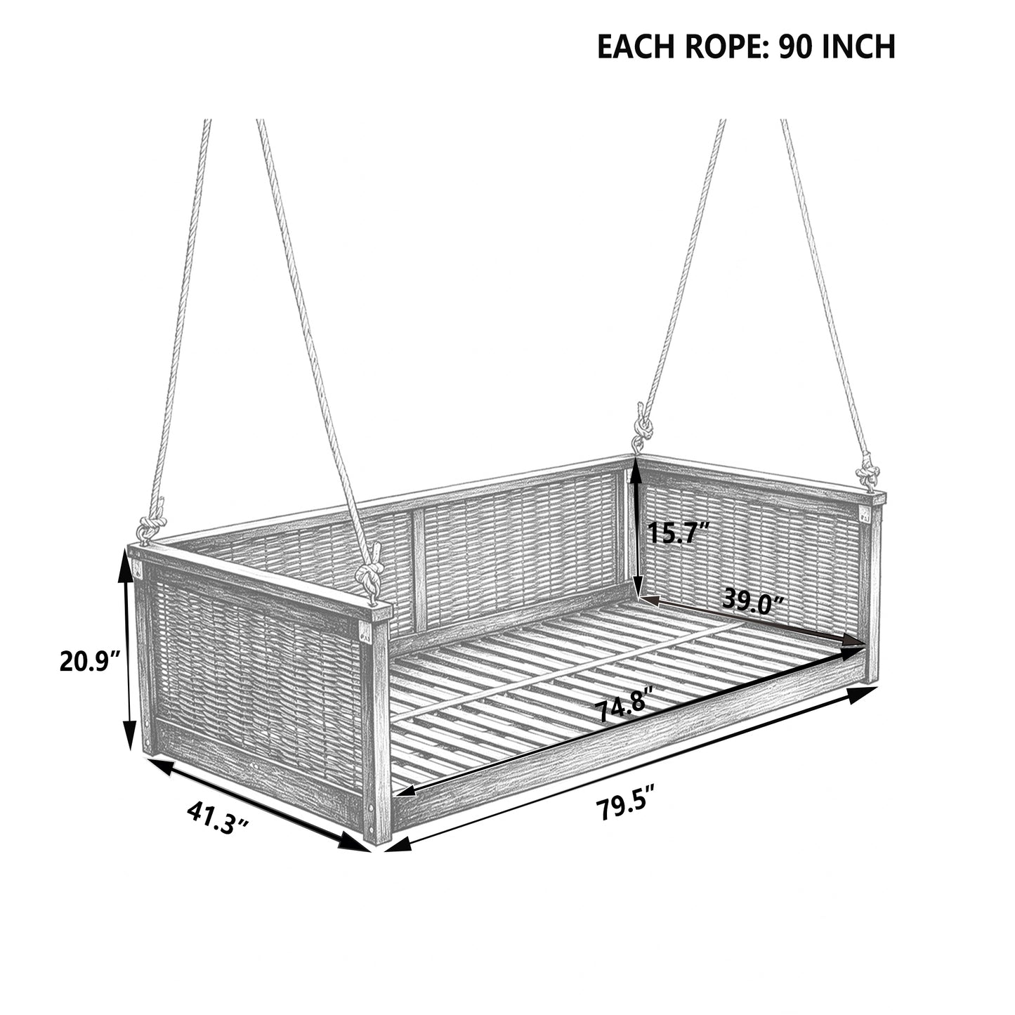 TOPMAX Outdoor Classic Solid Wood Twin Size Swing Bed,Garden Porch Rattan Swing Frame with Long Ropes for Poolside, Backyard, BLACK