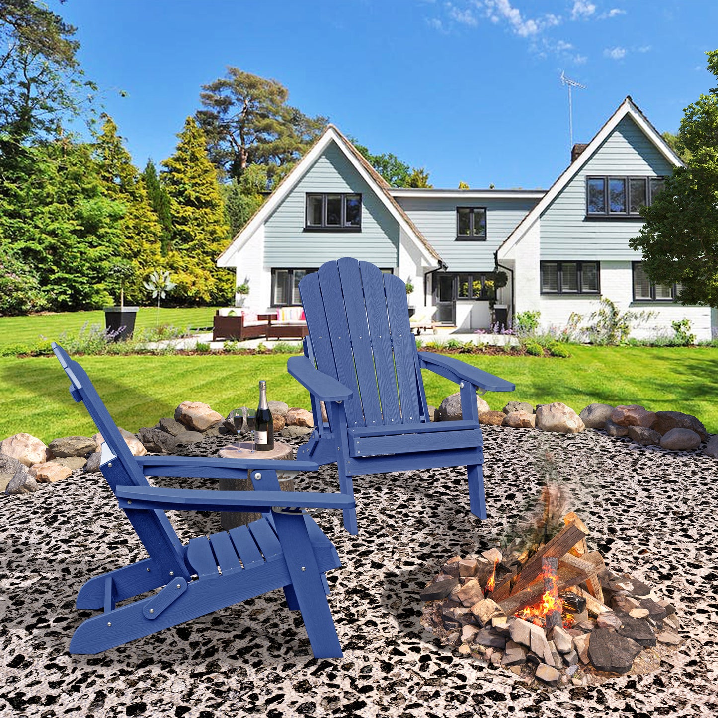 Adjustable Adirondack Chair with Cup Holder, All Weather Chair for Deck(Blue)