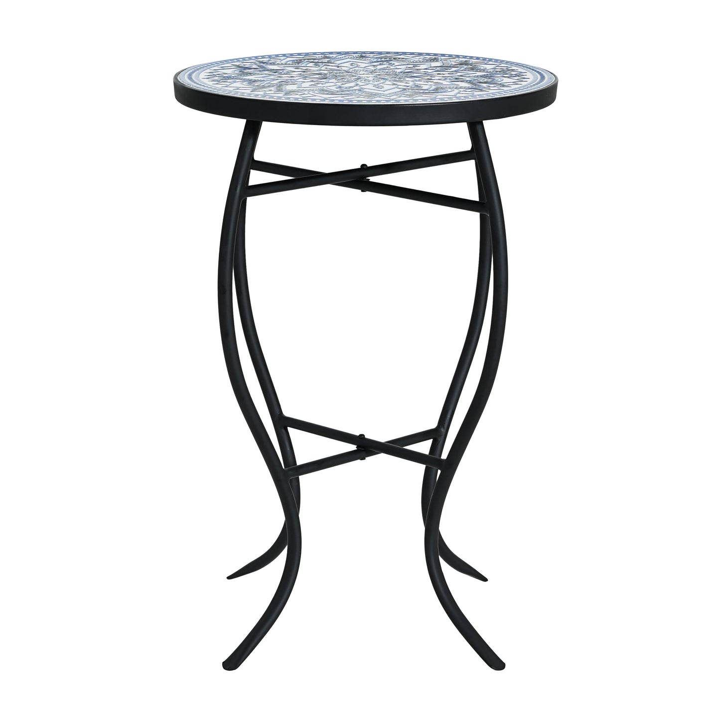 Outdoor Round Side Table with Mosaic-Style Top and Curved Iron Legs, Blue and Matte Black