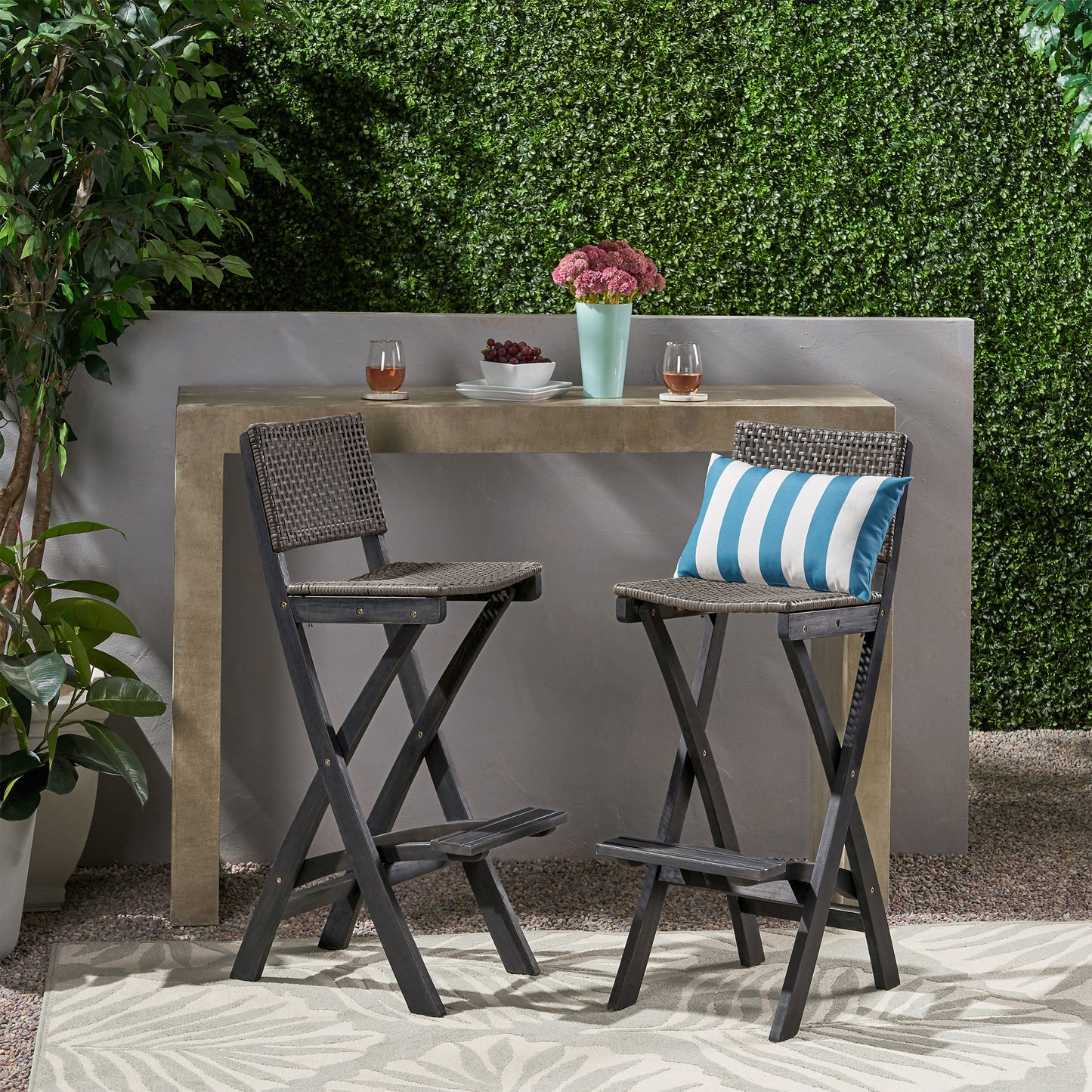 41.75" Outdoor Folding Acacia Wood Barstools with PE Rattan Backrest and Seat, Dark Grey Finish (Set of 2)