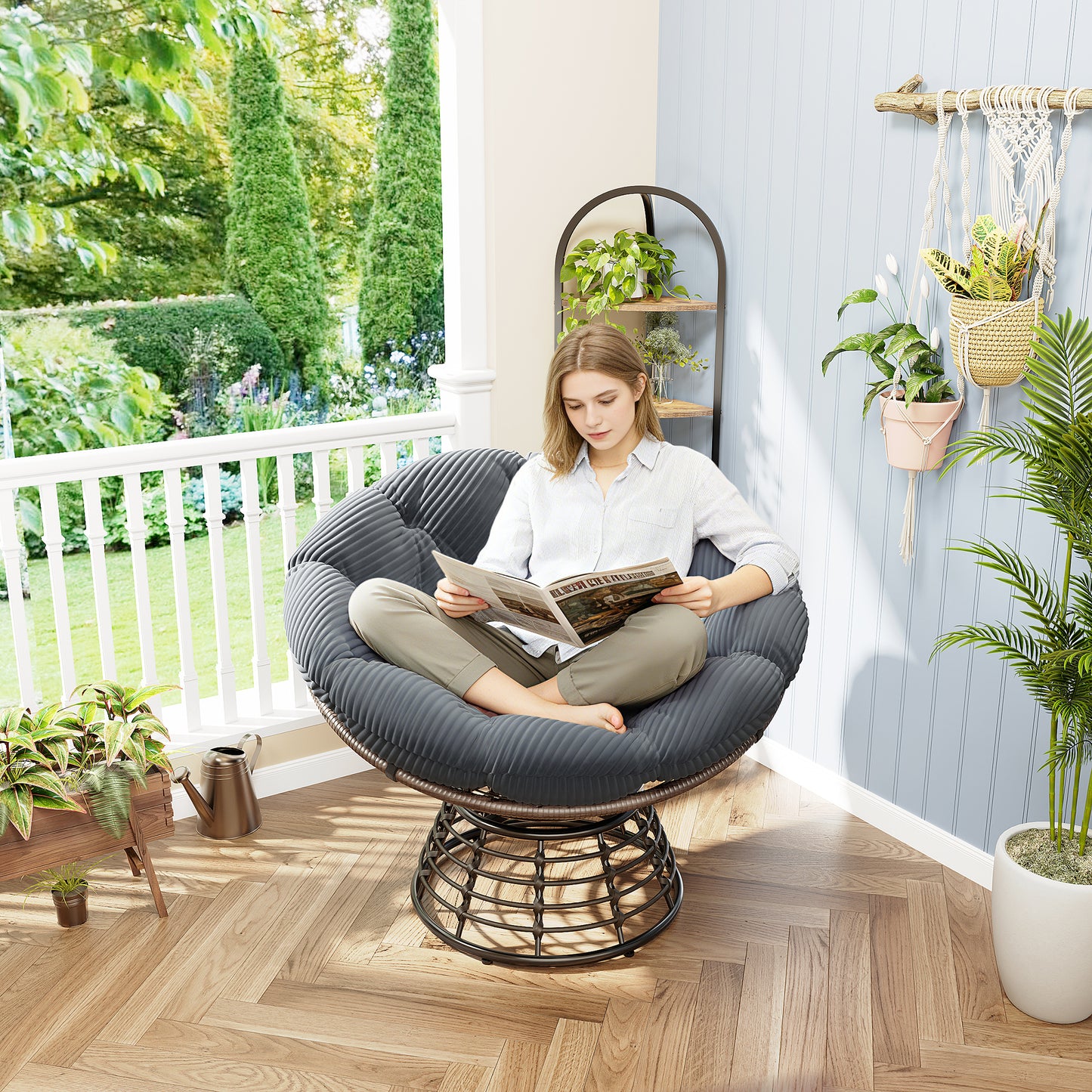 Comfortable Ergonomic Wicker Papasan Chair, 360° Swivel Indoor Outdoor Rattan Chair with Soft Thick Cushion, Ideal for Living Room, Bedroom, Reading Room, Brown Frame with Grey Cushion