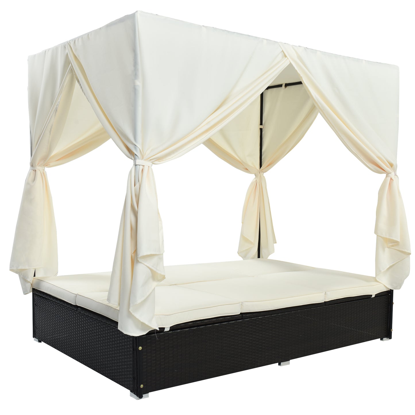 U_STYLE Outdoor Double Chaise Lounge Daybed with Curtains,Patio Outdoor Sunbed with Adjustable Backrest, Sturdy Steel Frame Loveseat Sofa for Backyard,Poolside, Terrace