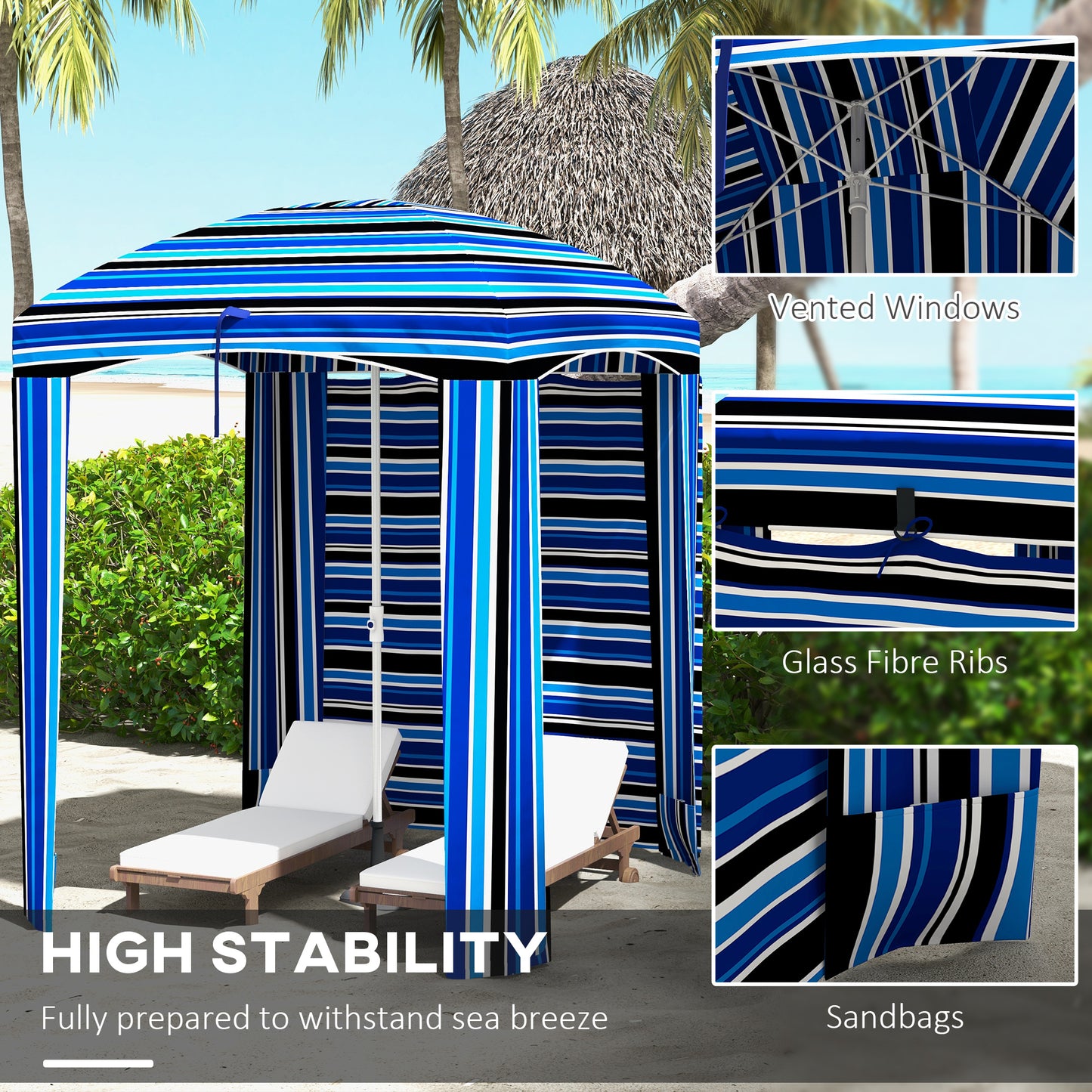 Outsunny 5.9' x 5.9' Portable Beach Umbrella, Ruffled Outdoor Cabana with Walls, Vents, Sandbags, Carry Bag, Blue Stripe