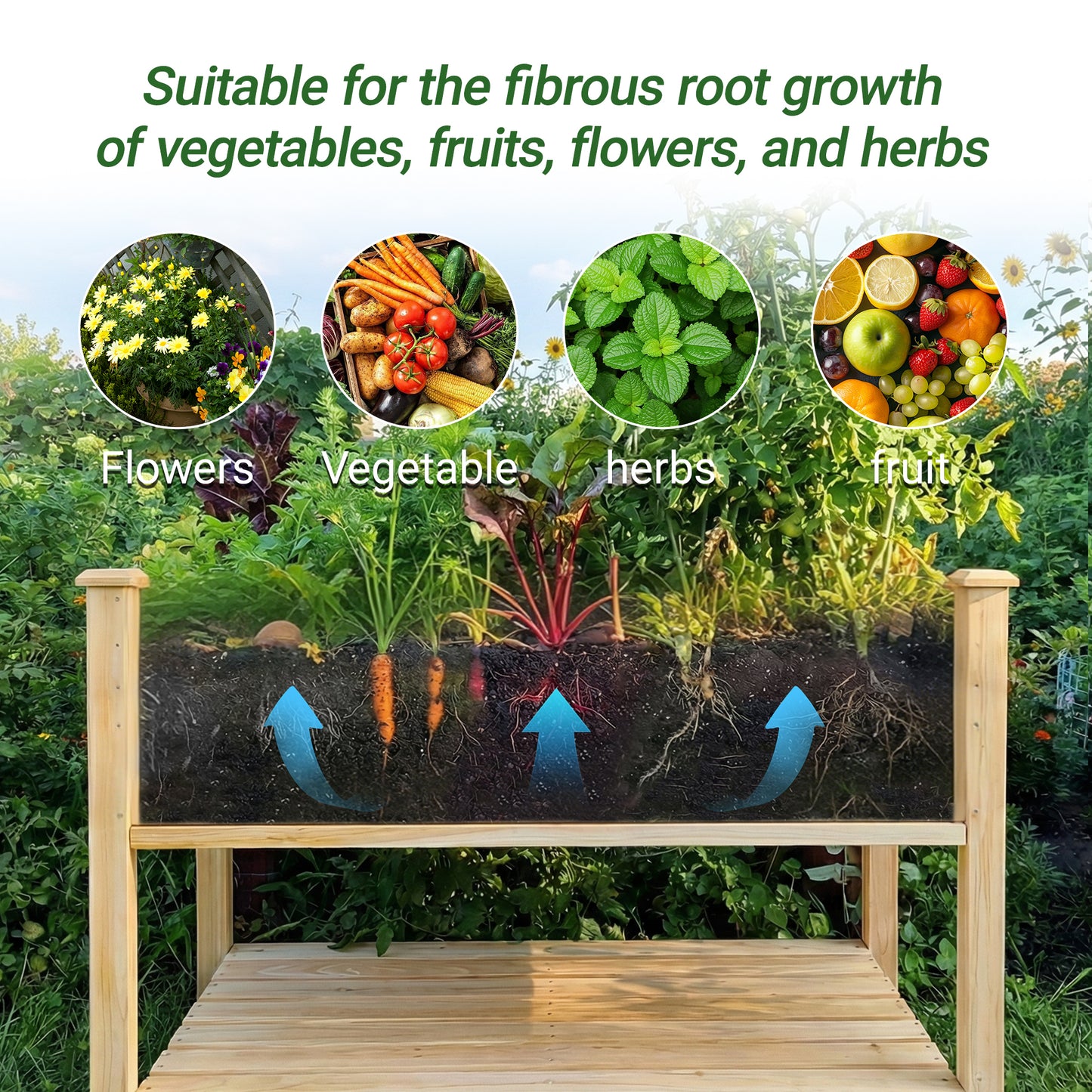 Raised Garden Bed 48x23x31.1-inch Elevated Wood Planter with Water Collection Tray, Storage Shelf, Protective Liner