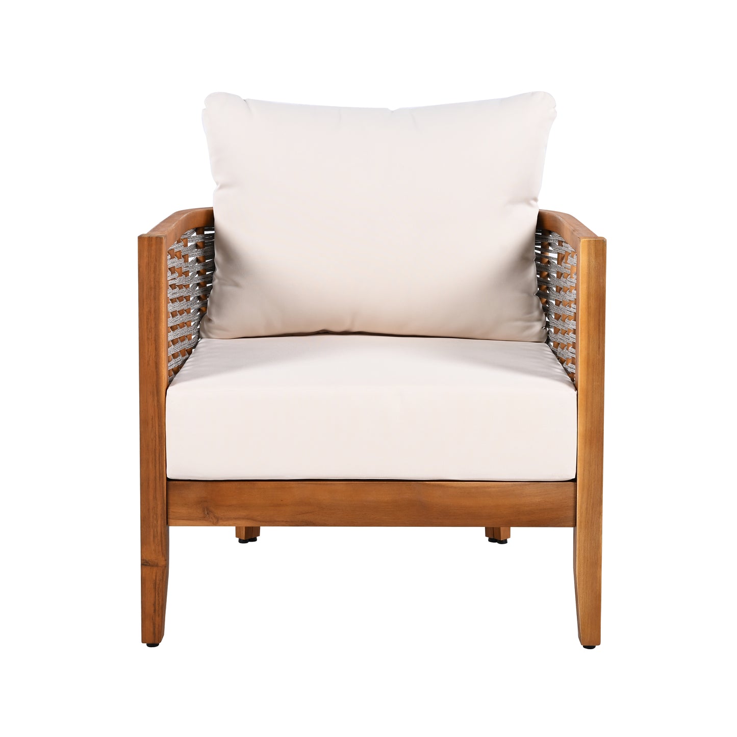 2 Pieces Outdoor Unique Tub Design Armchair with Woven Rope, Patio Furniture Acacia Wood Chair, Deep Seating with Soft Cushions for Porch, Garden, Backyard, Balcony, Teak Finish & Beige Cushion