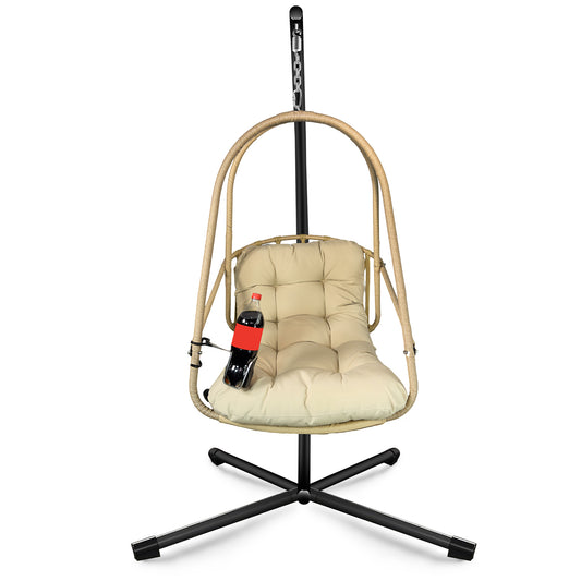 Swing Egg Chair with Stand Indoor Outdoor Wicker Rattan Patio Basket Hanging Chair with C Type bracket , with cushion and pillow,Patio Wicker folding Hanging Chair( Special construction cup holder