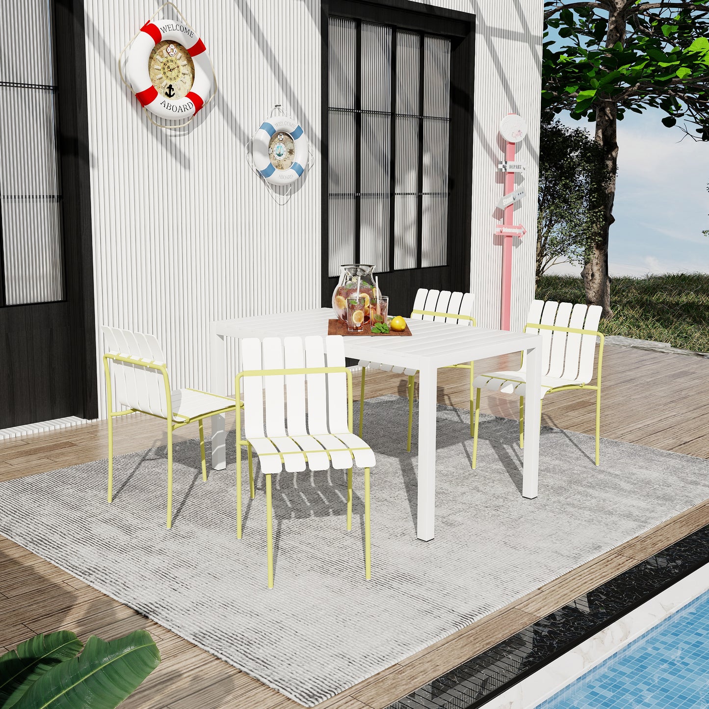 Summer - 4-Pack Modern Striped Color Block Chairs - Waterproof PP Seat & Sturdy Metal Legs, Indoor/Outdoor Dining Set for Patio, Balcony, Café (White & Yellow)