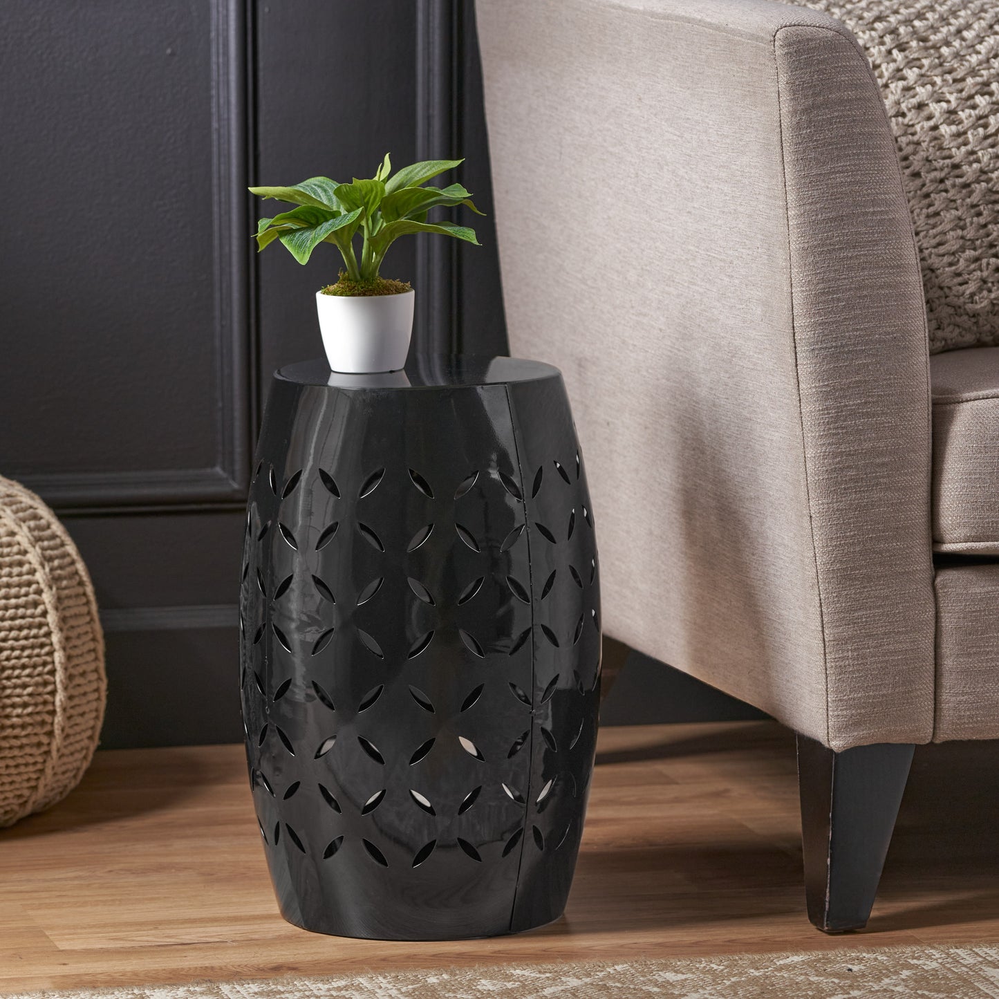 LILAC 12" Accent Side Table, Cylindrical Design End Table for Living Room, Family Room, or Entryway, Industrial Style,Coffee Side Tables for Indoor Outdoor, Black Color