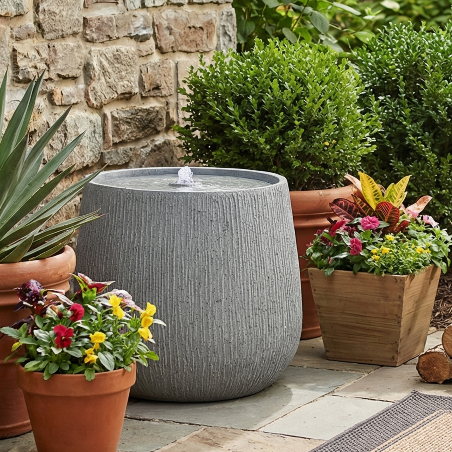 12.99"H Gray Polyresin Outdoor Water Fountain, Bowl-Shaped Water Feature with LED Light for Patio Deck Yard Decor