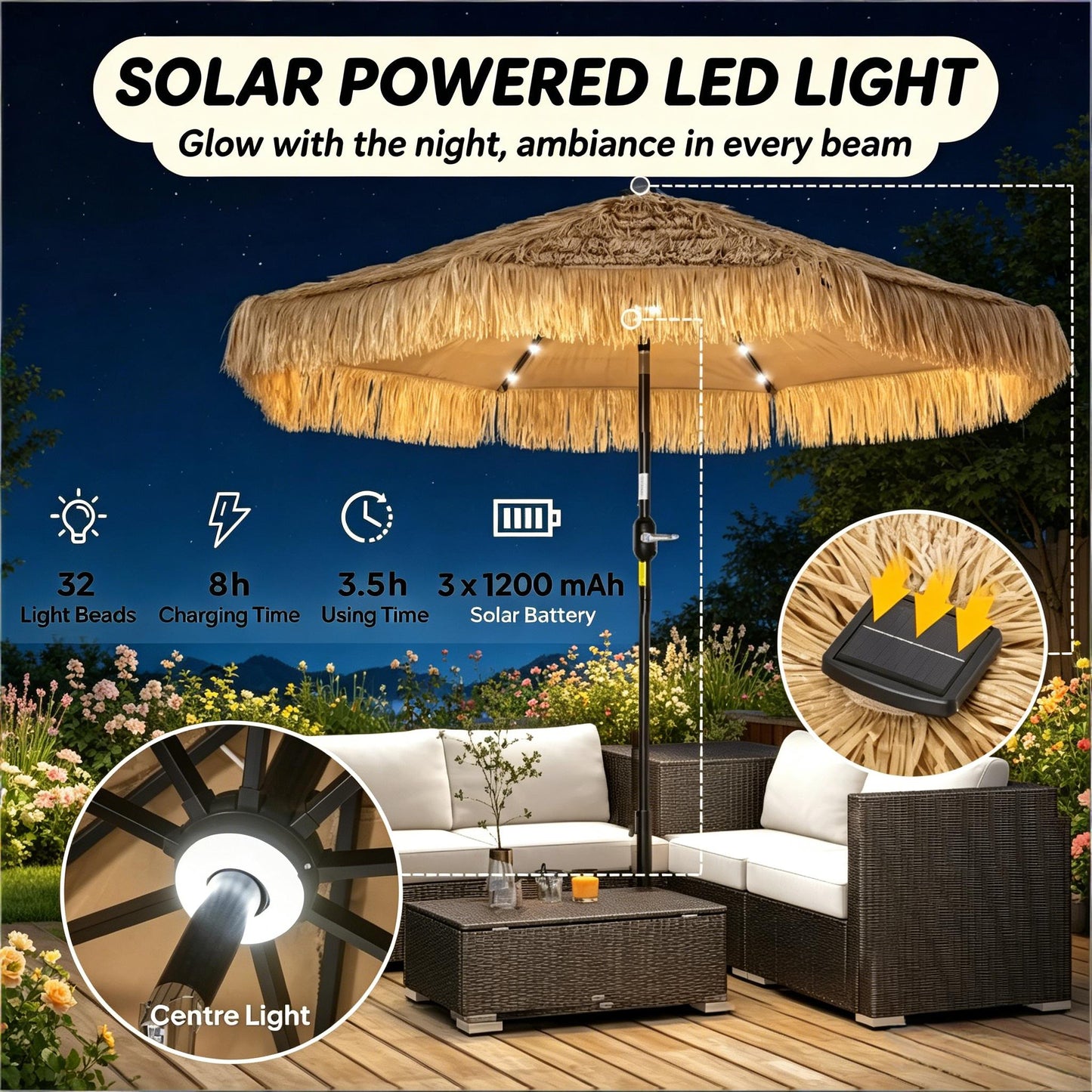 Straw Tassel Design Garden Umbrella,Hawaiian Style Outdoor Umbrella,Patio Umbrella with Solar Powered LED Light(Only Umbrella)