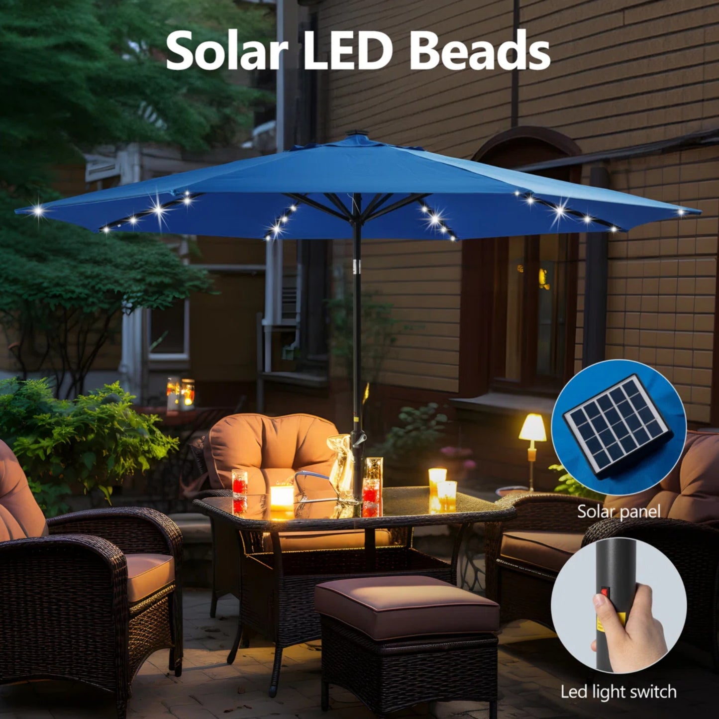 11 Feet Blue Solar LED  Patio Umbrella with Crank Lift , Tilt * 8 Ribs, UV-Resistant Canopy for Pool, Backyard & Patio (Without base)