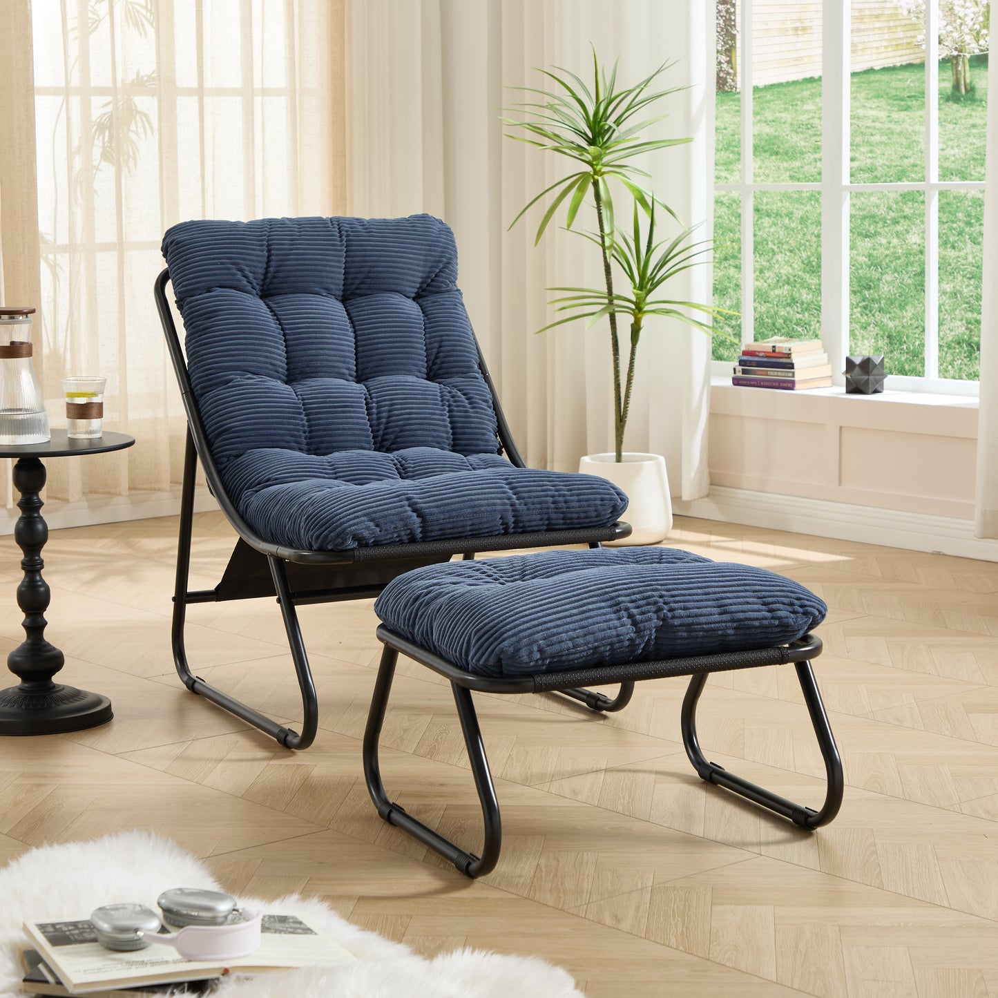 Patio Outdoor Lounge Chair with Ottoman, Comfy Sling Recliner Chair with Puffy Cushion and Foot Stool,  Ideal for Living Room, Bedroom, Reading Room, Black frame with navy blue cushion