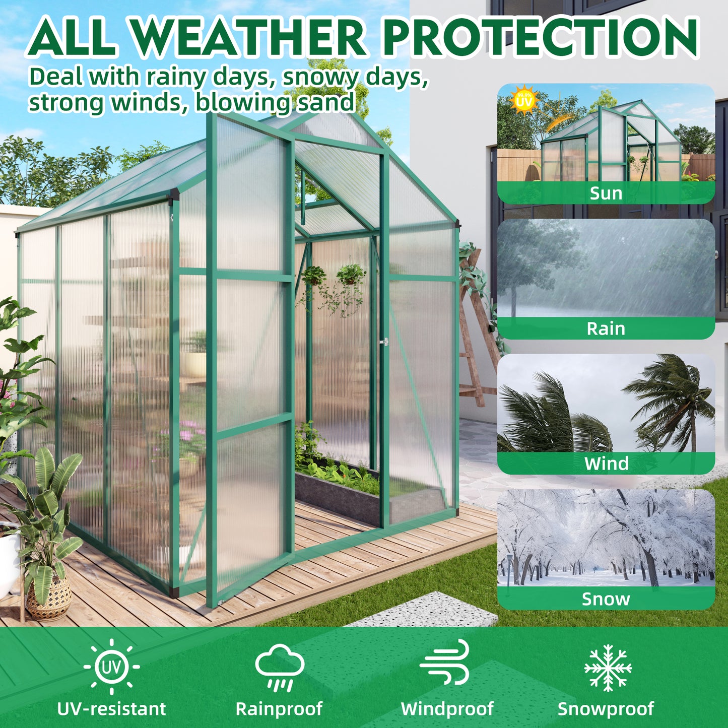 Newly marketed Gain height windproofaluminum greenhouse 6x6 FT Polycarbonate Greenhouse Raised Base and Anchor Aluminum Heavy Duty Walk-in Greenhouses for Outdoor Backyard in All Season
