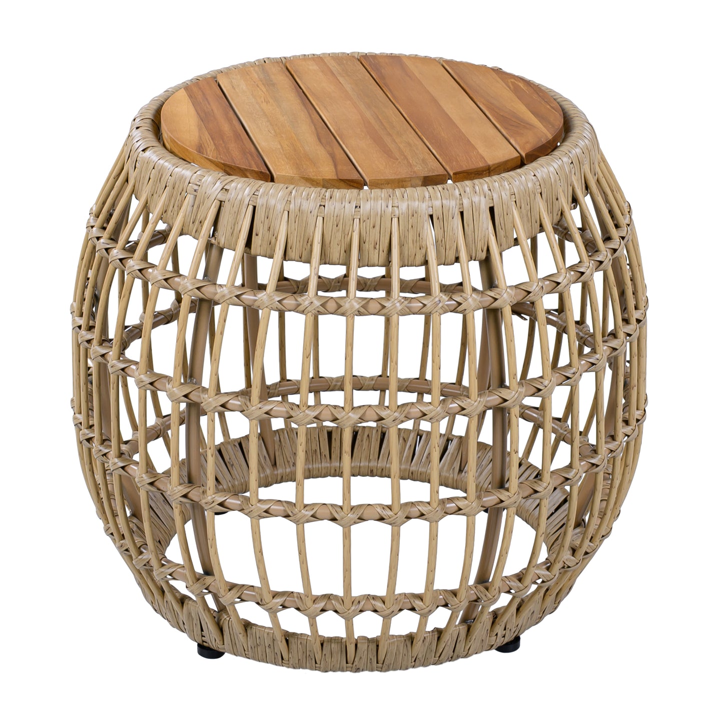 Acacia Wood Outdoor Side Table with Wicker Base - Light Brown, Round 16.15" Outdoor Accent for Patio, Garden, Balcony & Indoor Use