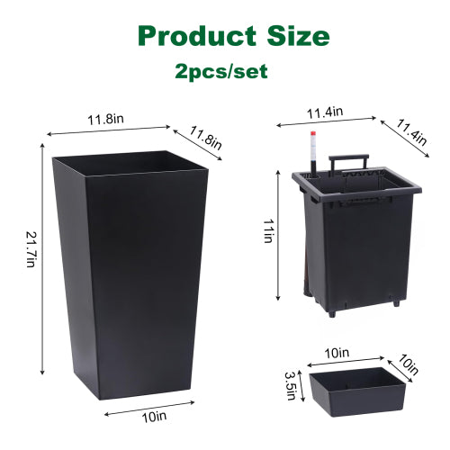 22in. Outdoor Black Plastic Planter Pots with Drainage Holes Water Level Monitor Innerbucket Automatic Watering (2-Pack)