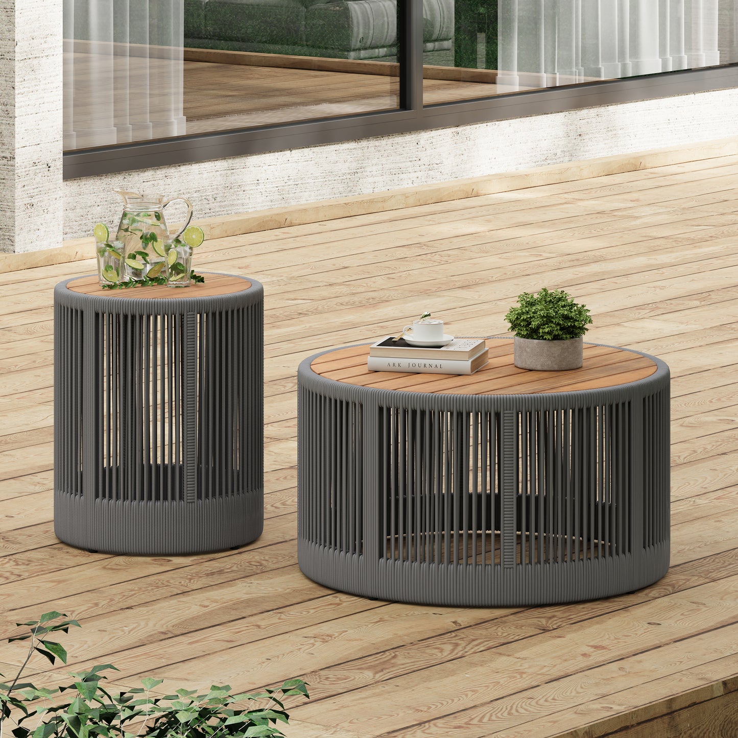 Rustic Industrial Table Set,Coffee Table & Side Table with Woven Rope Design, Modern Functionality Stylish Table Set for Living Room and Home Decor-Rope Grey