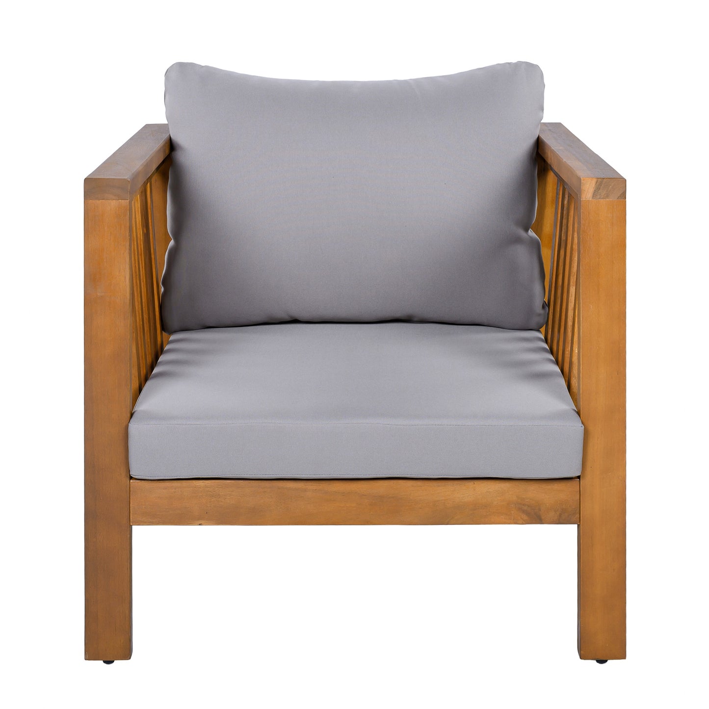 Outdoor Acacia Wood Club Chair with Modern Square Arms, Patio Chair with Thick Cushion, Adjustable Leveling Feet for Poolside, Backyard & Deck, Grey Cushion