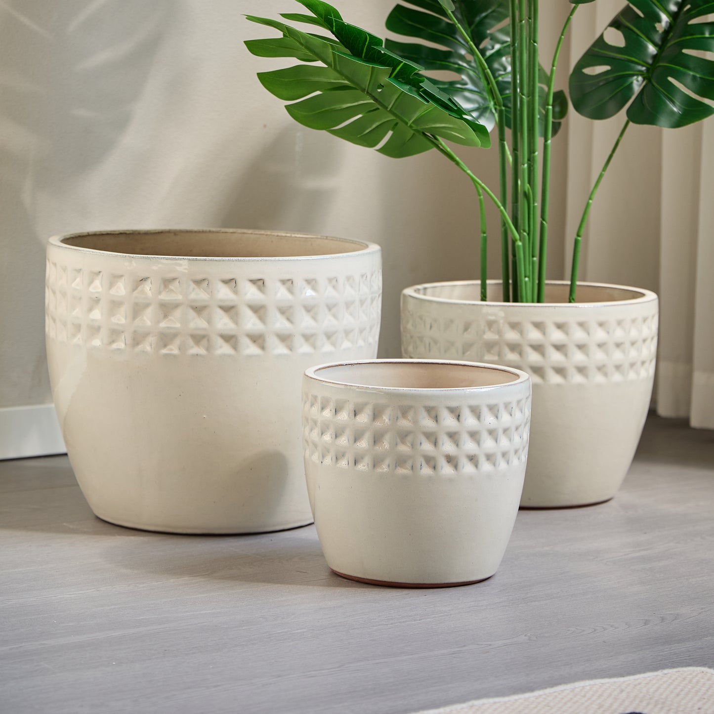 Handmade Ceramic Flower Pot Set of 3, 15/12/9 Inch Diameter, White Diamond Pattern, for Succulents Indoor/Outdoor Use on Windowsill & Bookshelf, Breathable Clay