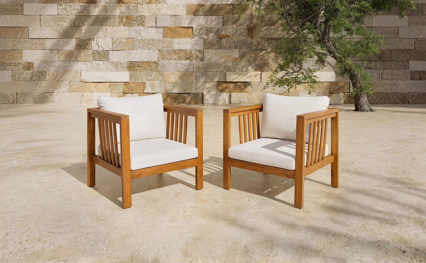Set of 2 Outdoor Acacia Wood Club Chairs with Modern Square Arms, 2-Piece Patio Conversation Set with Thick Cushions, Adjustable Leveling Feet for Poolside, Backyard & Deck, Beige Cushions