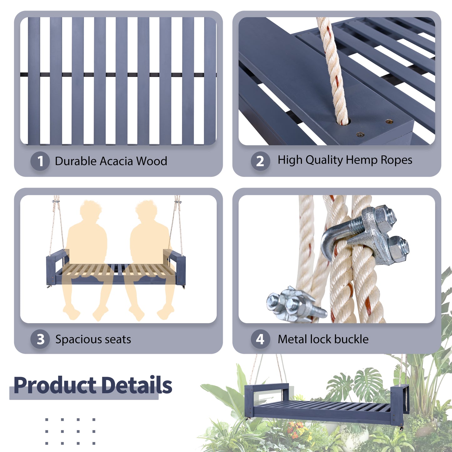 TOPMAX Twin Size Porch Swing Bed Seating Group, Patio Acacia Wood Swing Frame with Hemp Ropes for Garden, Backyard, Gray