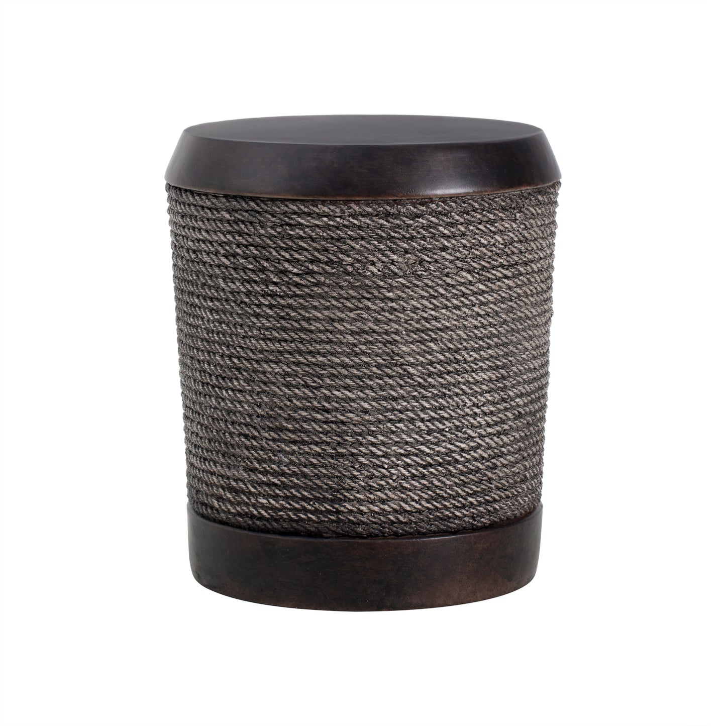 Outdoor Dark Brown Simulated Braided Cord MGO Side Table with Vintage Trim – Indoor Retro Cylindrical End Table for Home & Patio Decor