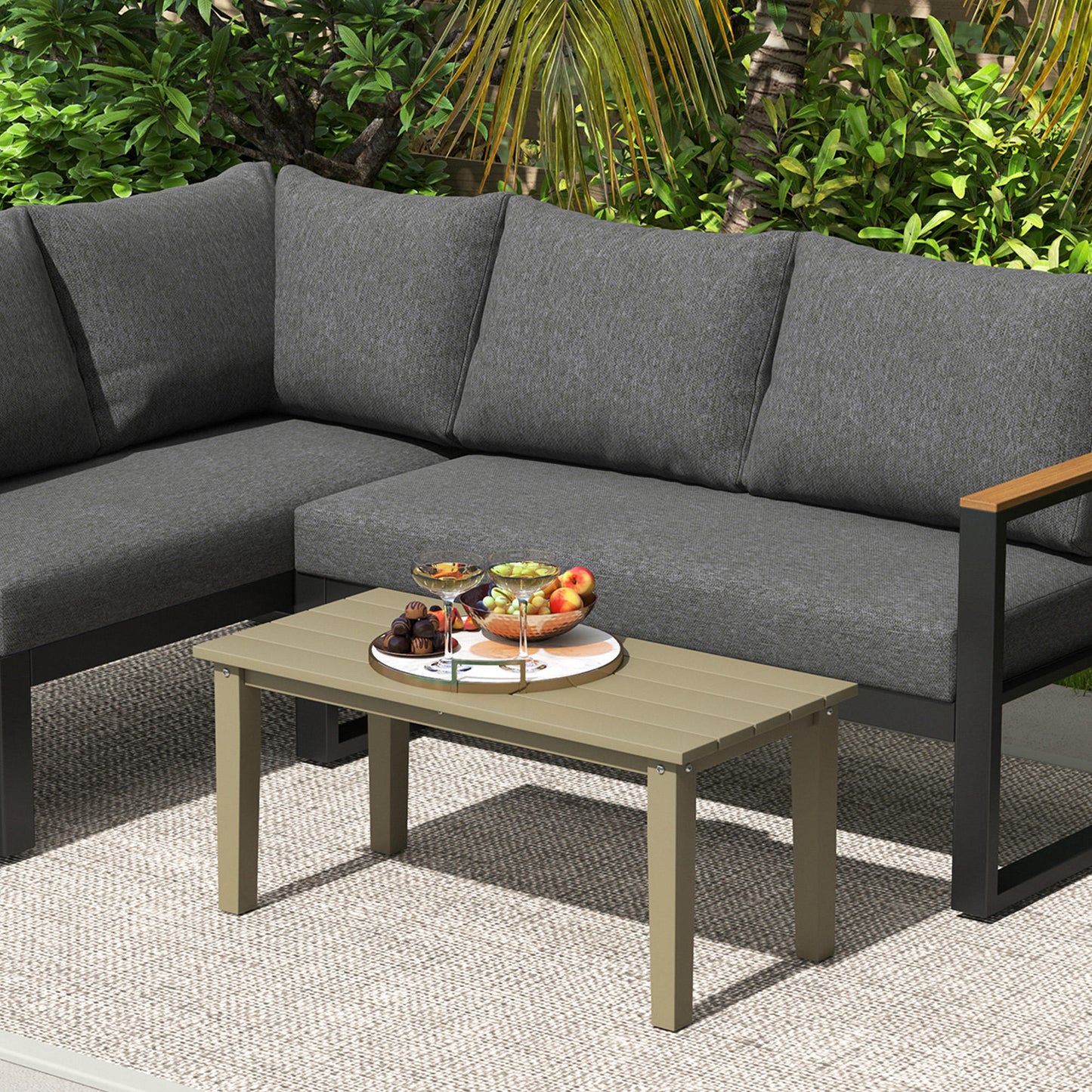 Outsunny HDPE Outdoor Coffee Table, Rectangle All-Weather Patio Coffee Table, Slatted Outdoor Patio Table for Garden, Balcony, Backyard, Brown