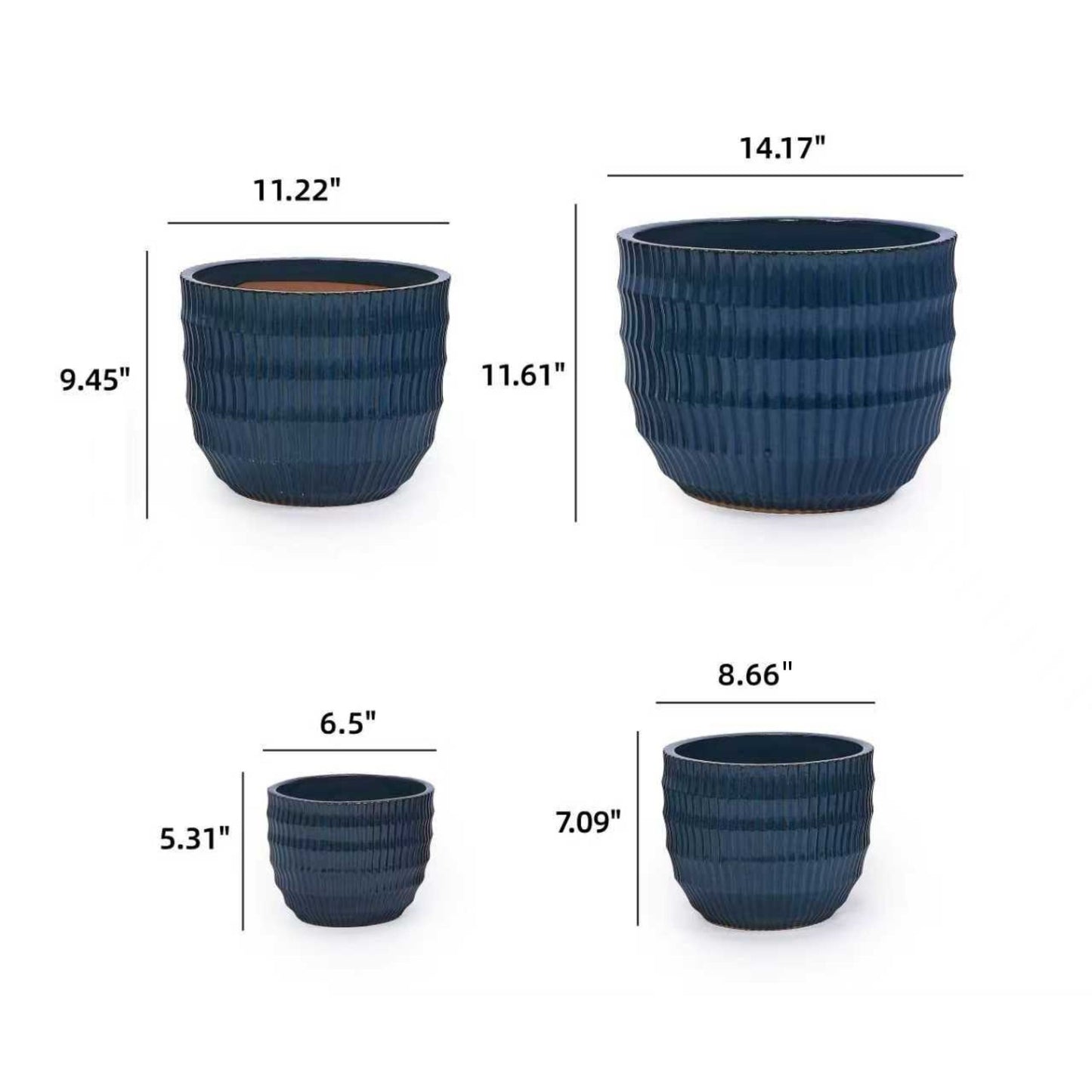Handmade Navy Blue Ceramic Planter Set of 4 (5.31" to 14.17"), Indoor/Outdoor Flower Pots for Orchids, Succulents by Window, Couchside - Breathable Textured Clay with Drainage
