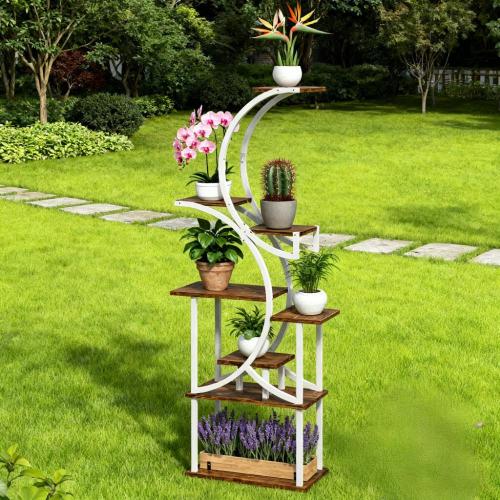 61.8" H 8-Tier S-Shaped Corner Plant Stand with Steel Frame and Fir Wood Base, Space-Saving Rack for Indoor Plants, Books