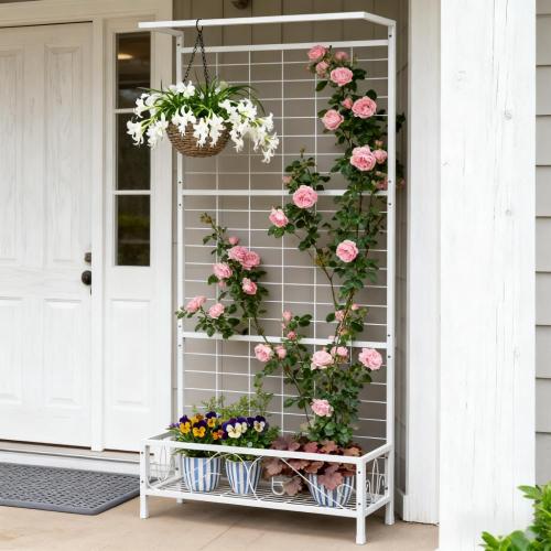 Metal Plant Stand with Trellis and Hanging Bar, Indoor Outdoor Use, White (74.2 in. H)