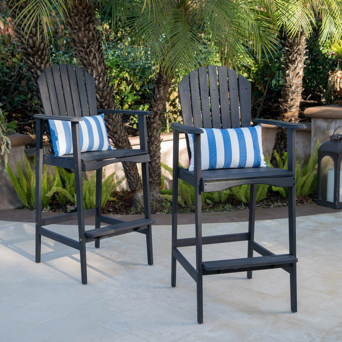 Outdoor Acacia Wood Adirondack Barstools, Set of 2, Dark Gray