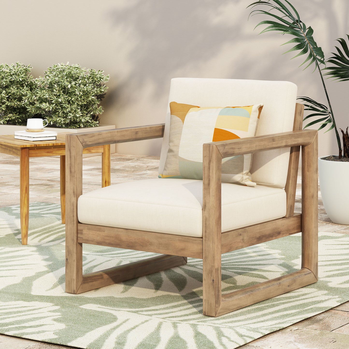 Outdoor Acacia Wood Patio Club Chair, Wood Patio Furniture,Waterproof Thick Cushion Deep Seating for Porch, Garden, Backyard, Balcony, Brown Wash and Beige Cushion