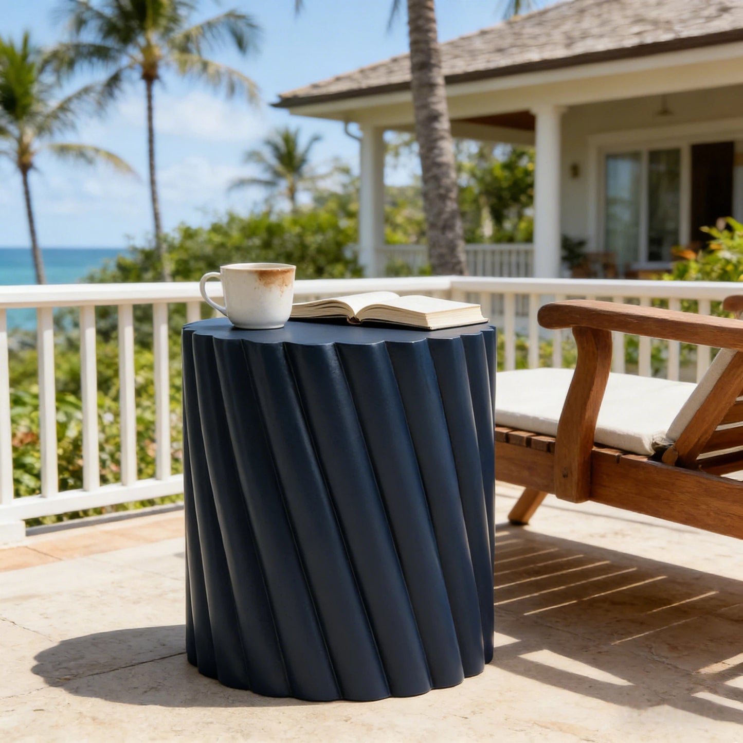 Modern Navy Blue Outdoor Table with Fluted Design - 16.02" Diameter, 18.31" H, MGO Material, 250 lbs Capacity, Assembly-Free Accent Table or Seat for Patio, Garden, or Balcony