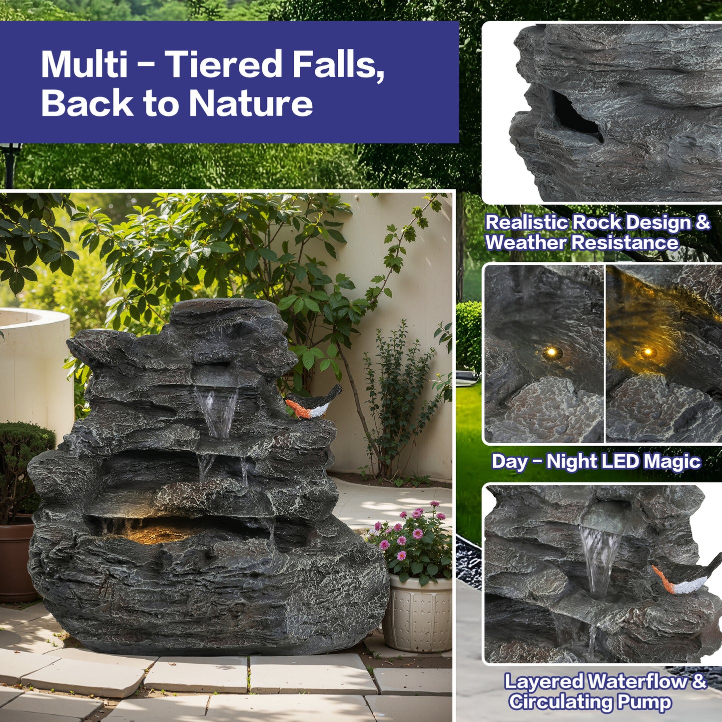 4-Tiered Concrete Rock Waterfall Fountain, 20.8"H – Outdoor Garden Decor with LED Lights, Weather-Resistant, Soothing Water Sound Ambiance