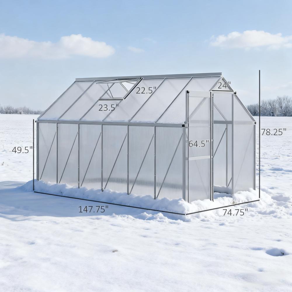 Silver  Walk-in Heavy Duty greenhouse 12.3' W x 6.2' D x 6.5' H Greenhouse with Aluminum Frame  for Winter