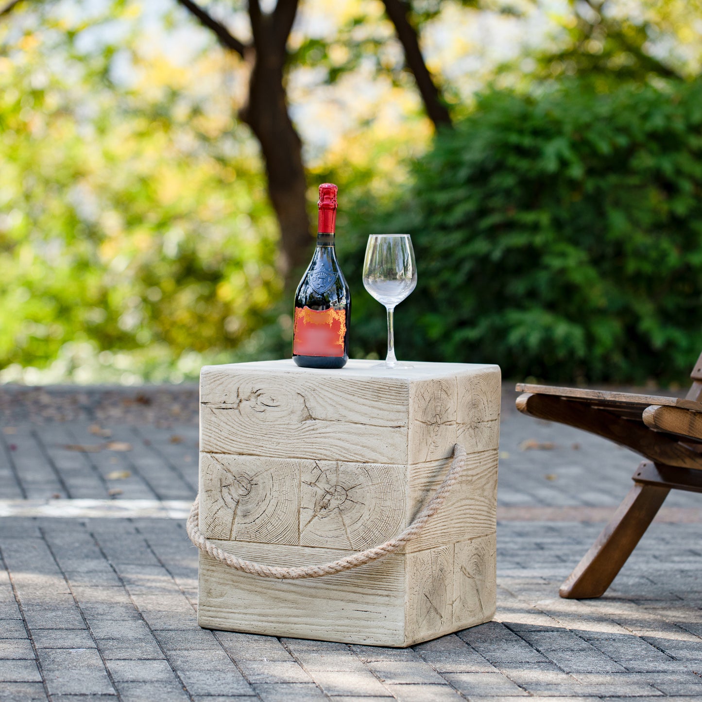 Outdoor Wood Grain Square MGO Side Table with Simulated Braided Cord – Indoor Retro End Table for Home & Patio Decor