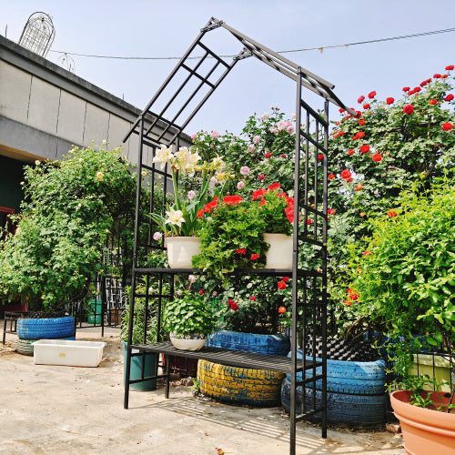 97" Tall Metal Garden Arch with Bench - Convertible Flower Stand for Climbing Plants, Powder-Coated Black Outdoor Arbor for Roses/Ivy (58" Wide)