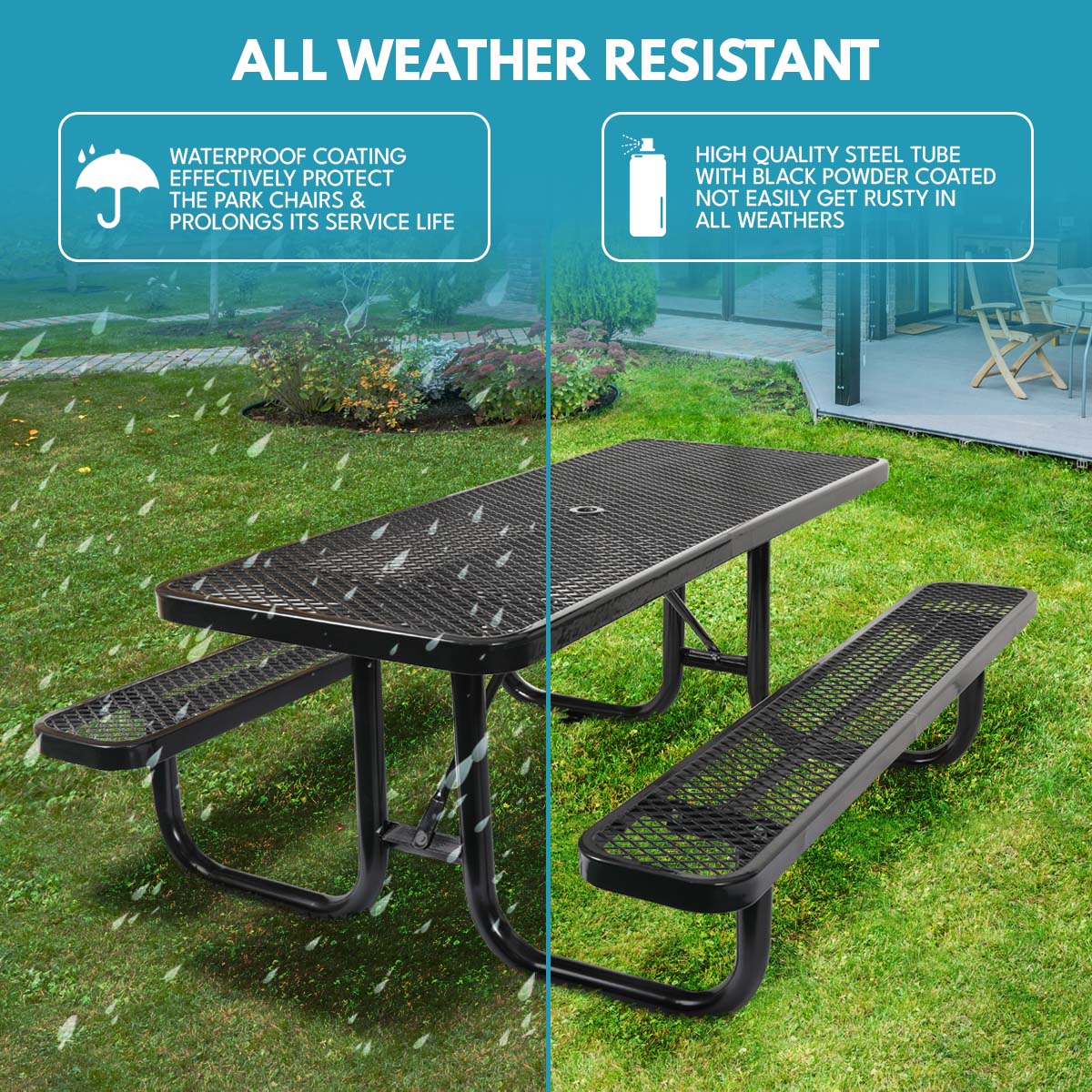6 ft. Rectangular Outdoor Steel Picnic Table with umbrella pole in Black