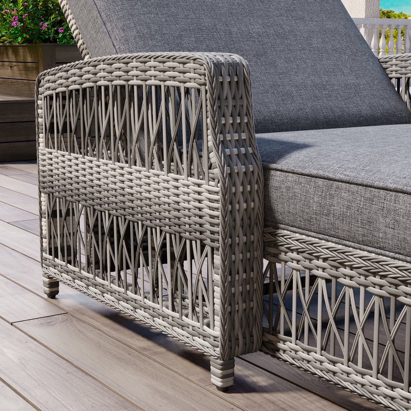 GO Outdoor Long Reclining Chaise, Wicker Lounge with Armrests, Patio Adjustable Recliner with Soft Removable Cushions, All Weather Rattan Pool Lounge for Poolside & Garden, Gray