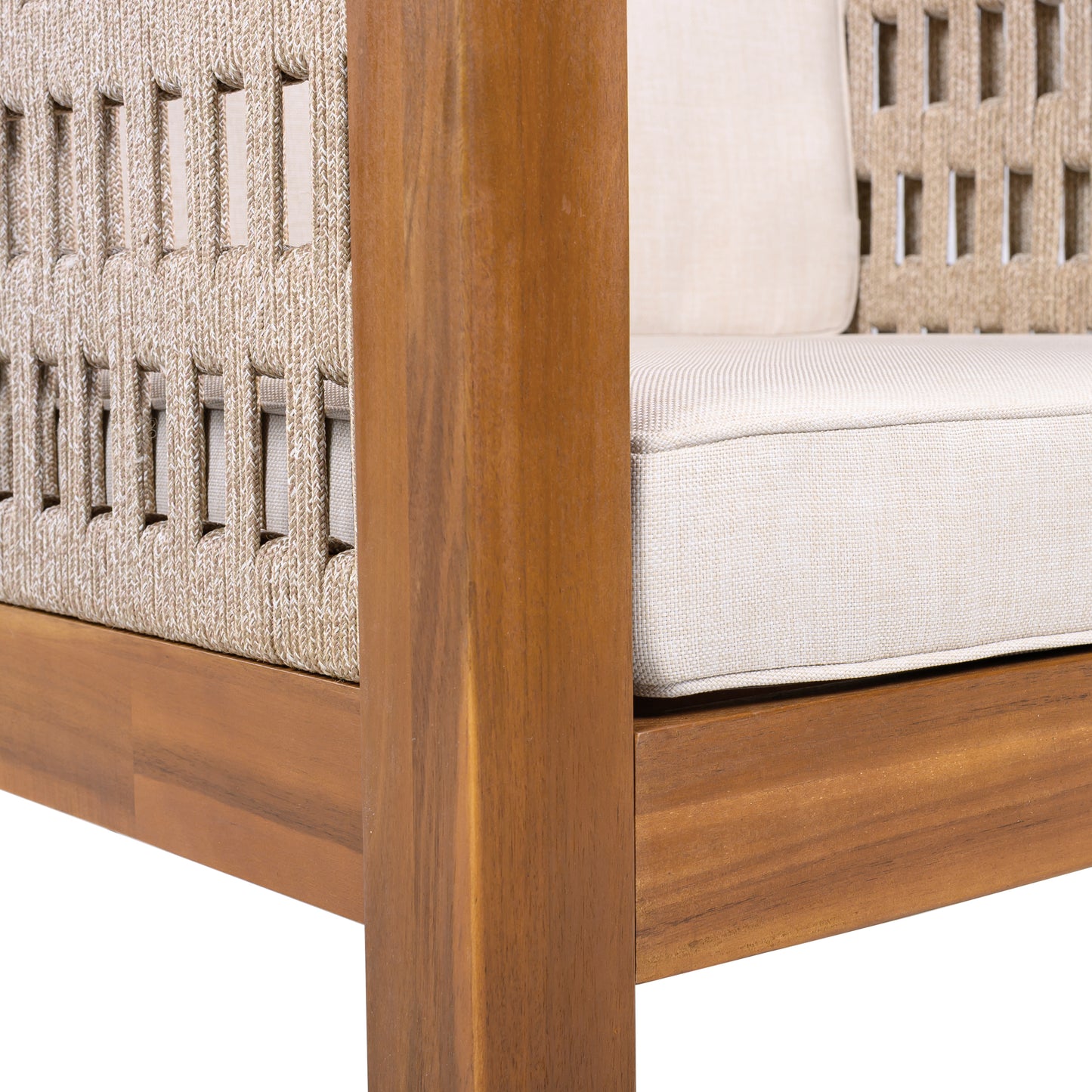 Acacia Wood Outdoor Club Chair  with Beige Rope Arm and Beige Cushions,400 lbs Capacity