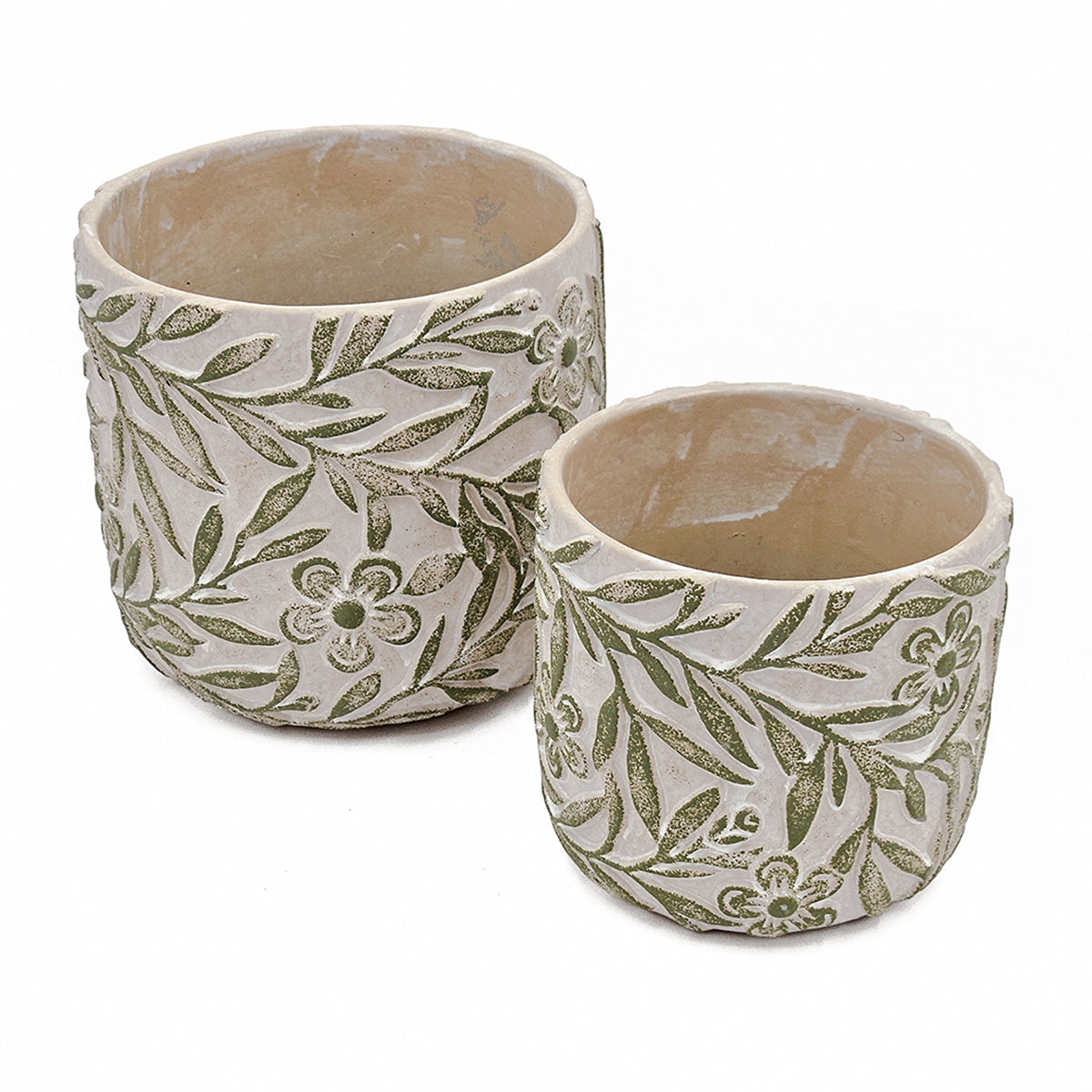 S/2 Gray Sand and Cement Planters with Etched Green Floral Motif, L:D6.7x6.3" S:D5.5x5"