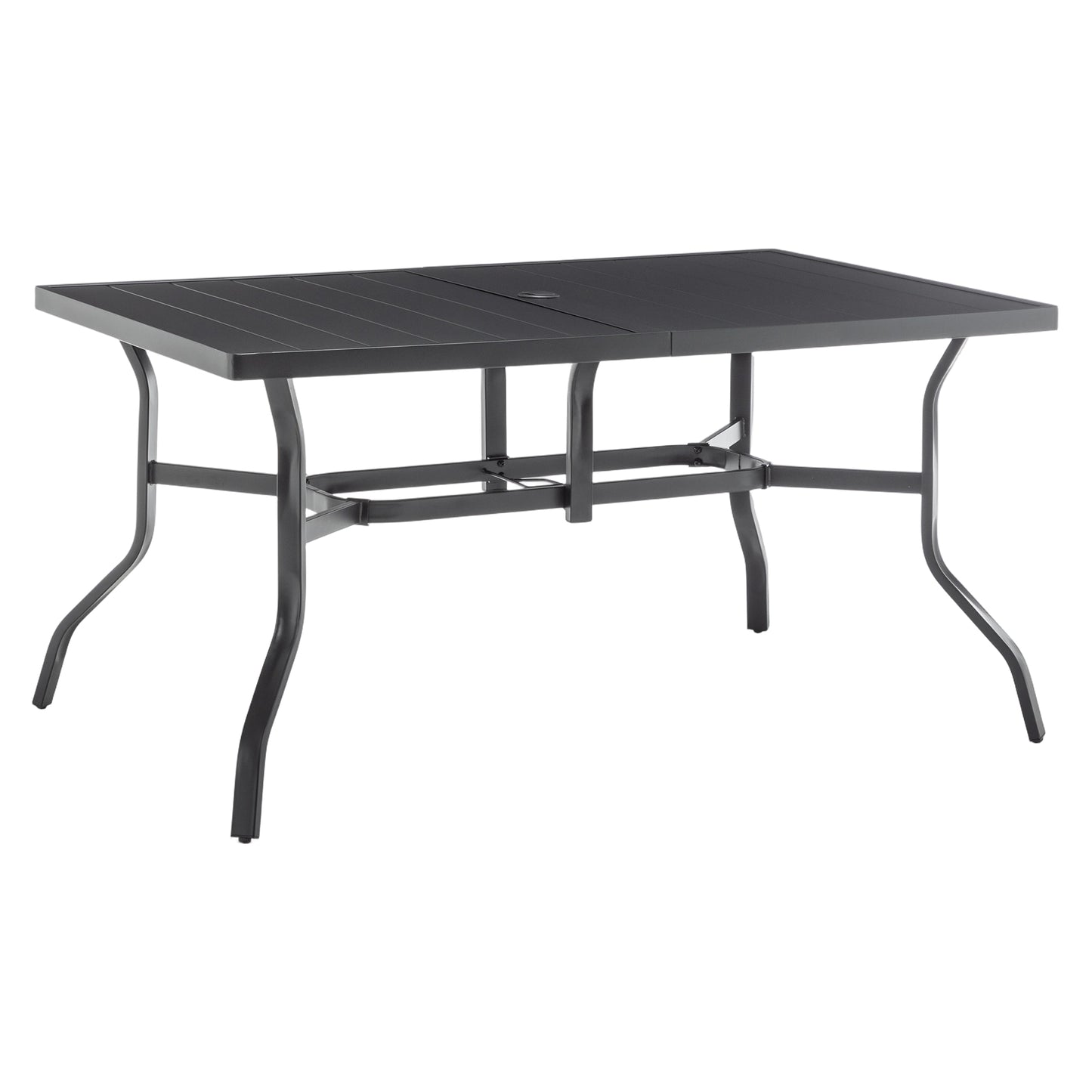 Outdoor Dining Table for 6, Powder-Coated Steel Slat Top with 2.16" Umbrella Hole, Anti-Slip Pads, E-Coating Frame, All-Weather Black Patio Table for Garden, Poolside, Backyard