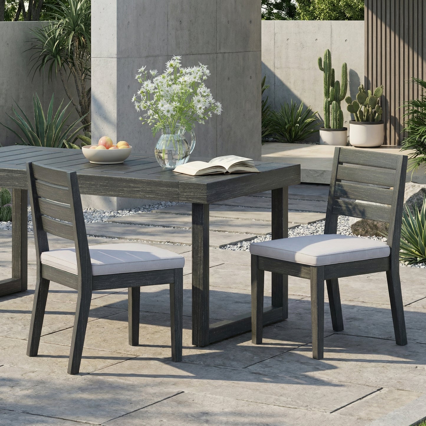 Outdoor Acacia Wood Armless Dining Chair with Cushions (Set of 2) , Sandblasted Dark Gray + Light Gray